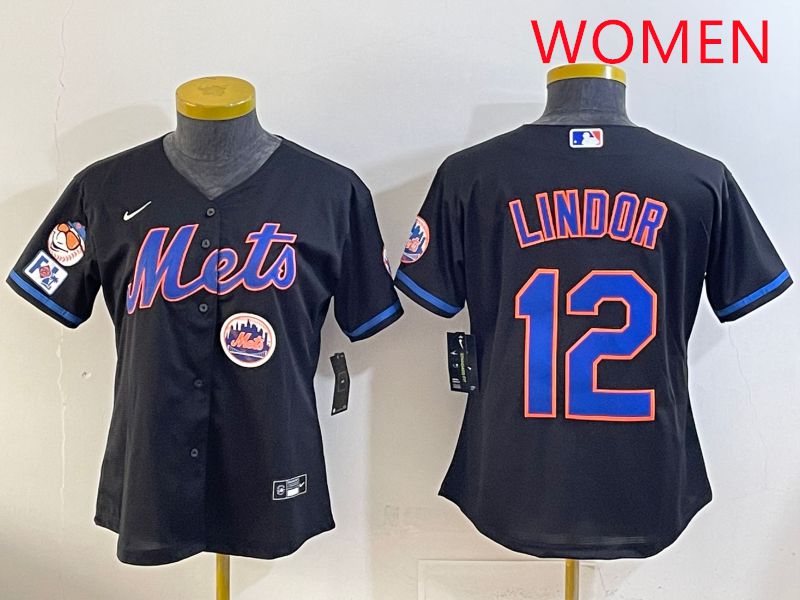 Women 2025 New York Mets #12 Lindor Black Game Nike MLB Jersey style 13